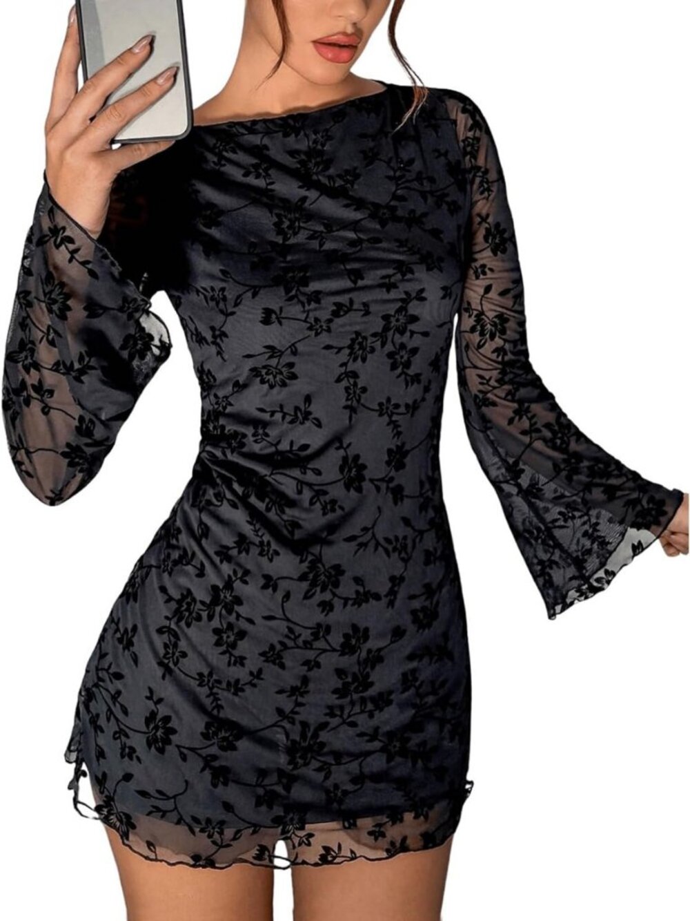 Floral Mesh Mini Dress with Bell Long Sleeves - Bodycon Gothic Style for Women